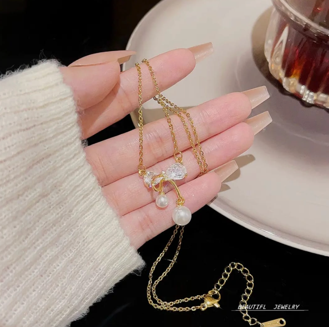 SOJI - Gold Plated Bow Diamond Necklace
